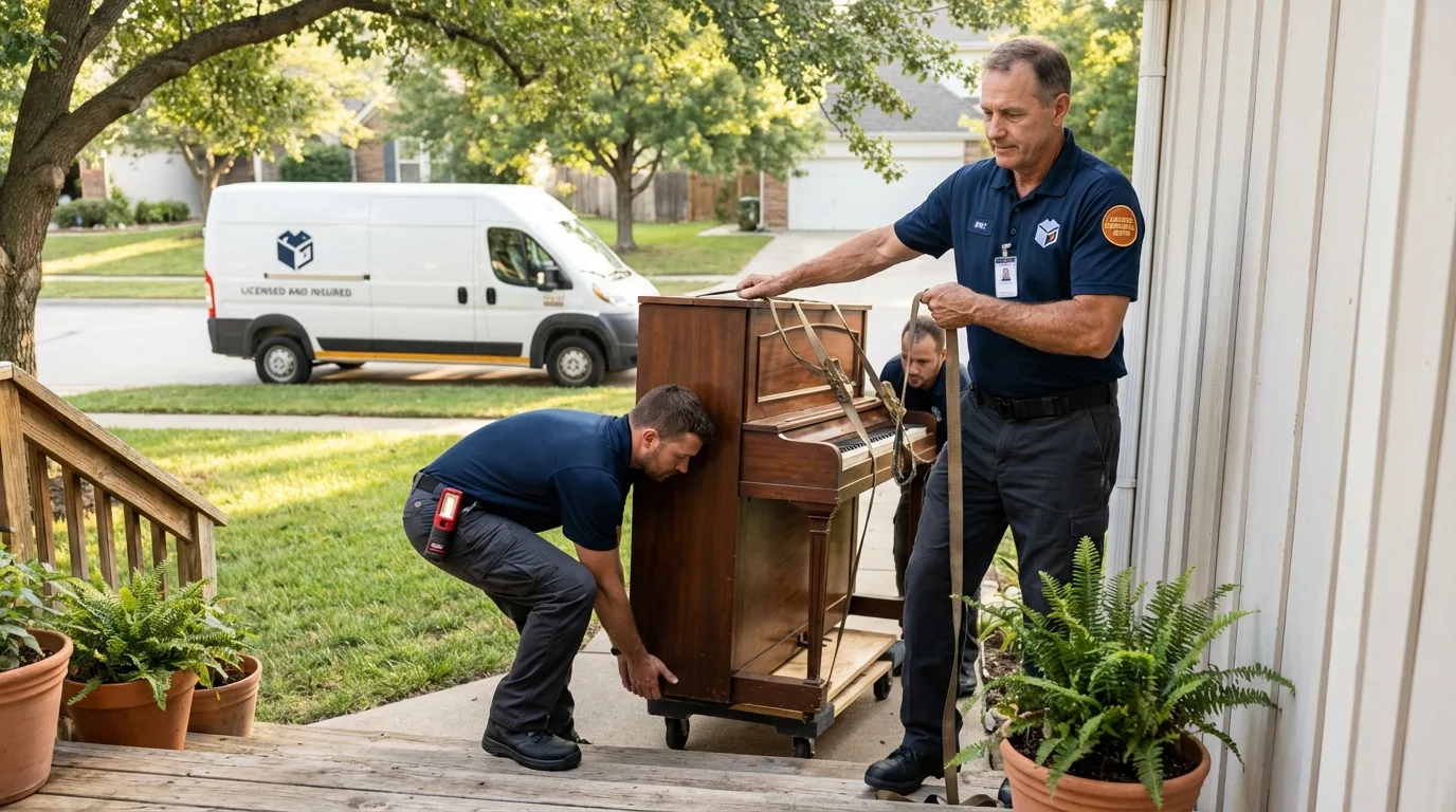 Licensed piano movers securing grand piano in Glenville, WV