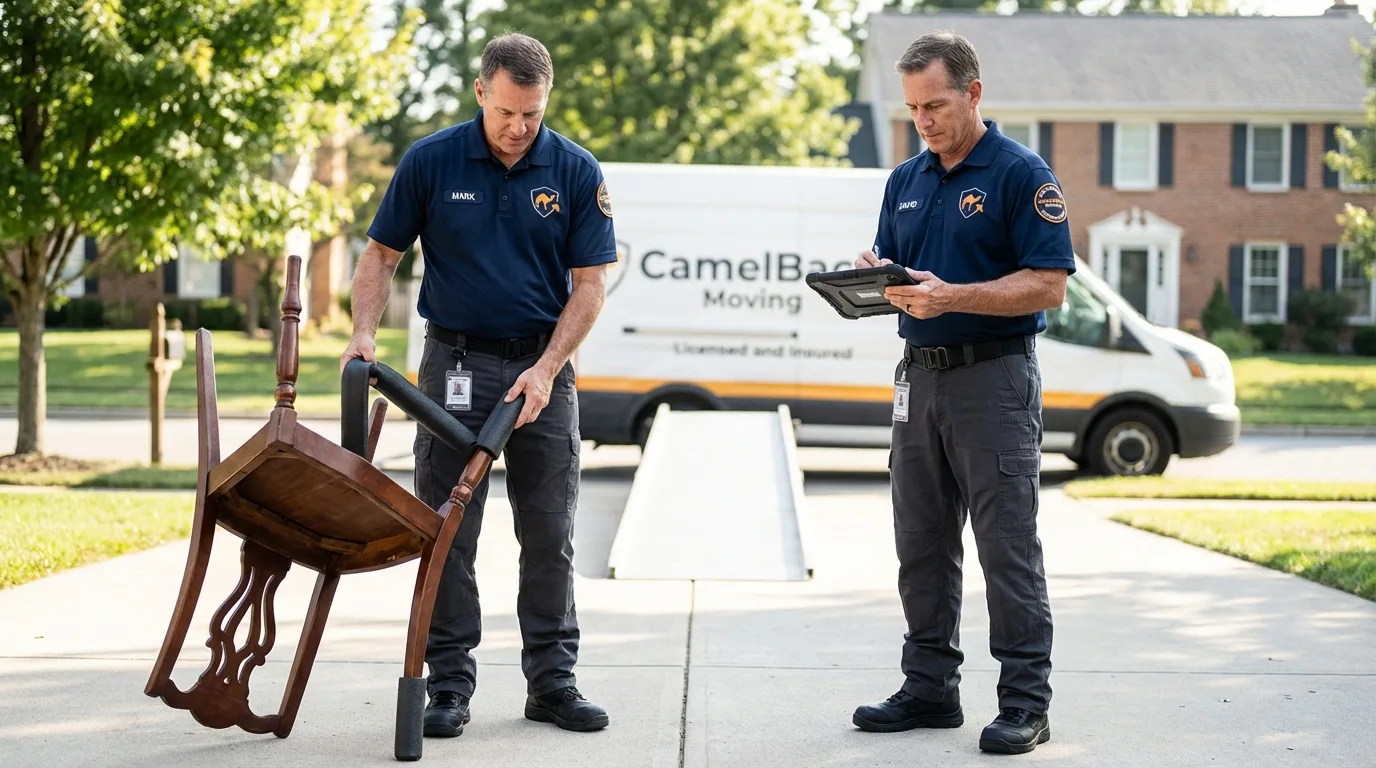 Movers inspecting furniture for damage prevention before loading in Glenville, WV