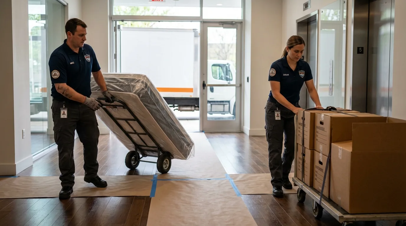 Professional apartment movers loading elevator in Glenville, WV