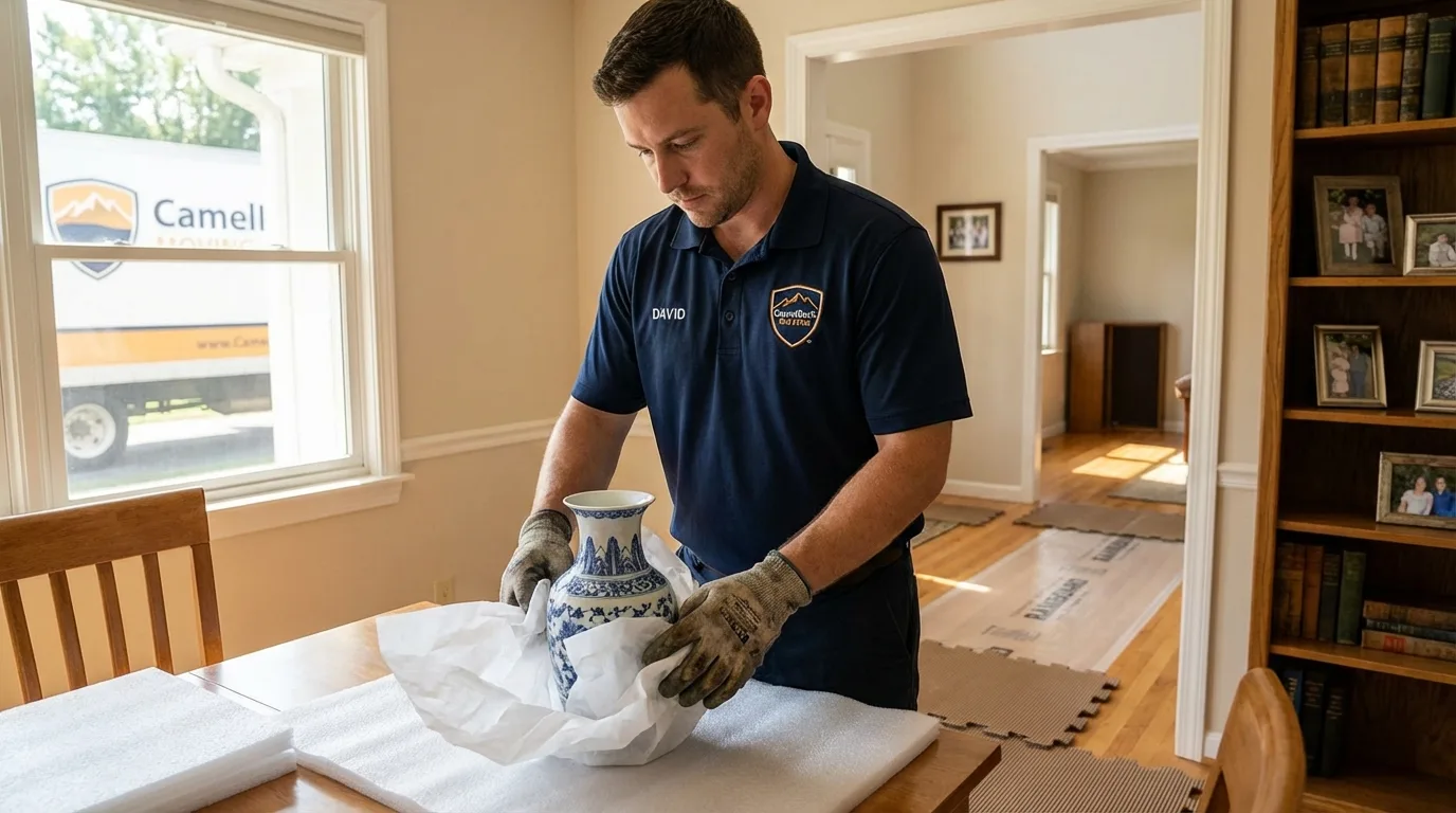 Professional crew carefully wrapping antique vase for senior downsizing move in Glenville, WV
